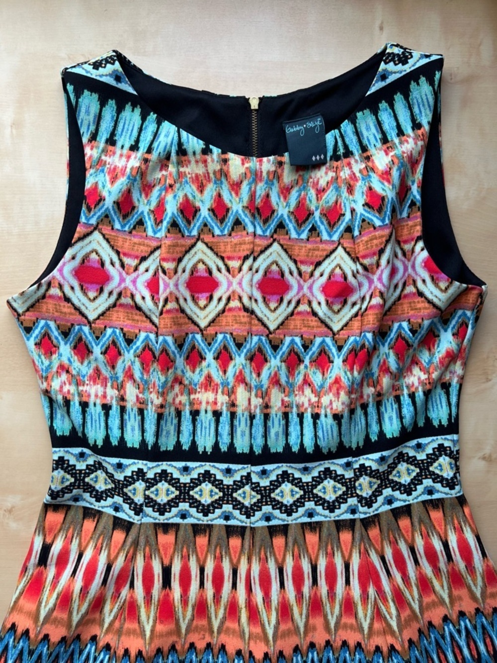 Gabby Skye Multicolor Boho Aztec Print Sleeveless Swing Dress - Turquoise, Coral - Picture 3 of 10